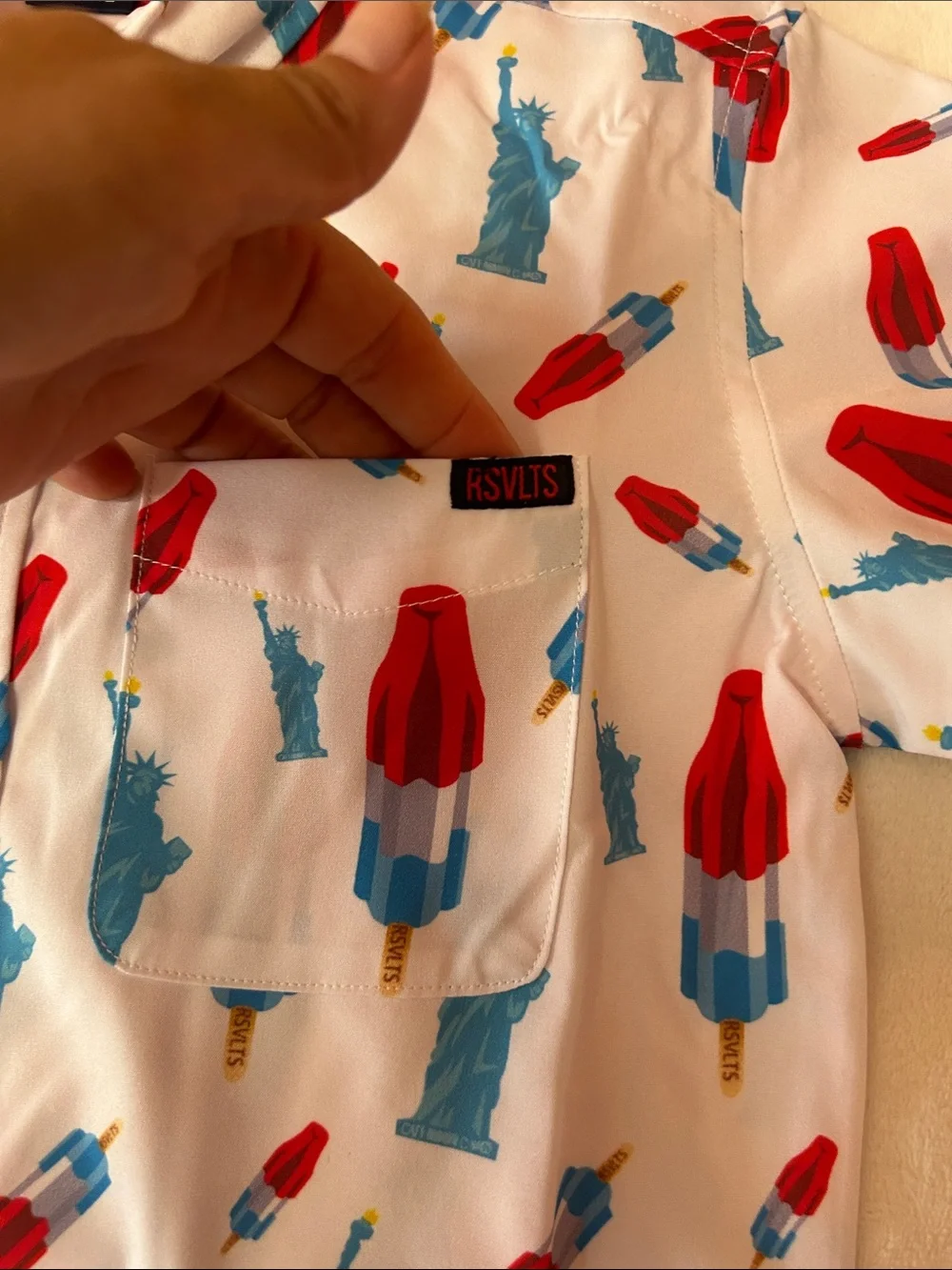 RSVLTS White Short-Sleeve Button-Down with Red & Blue Popsicle and Statue Print